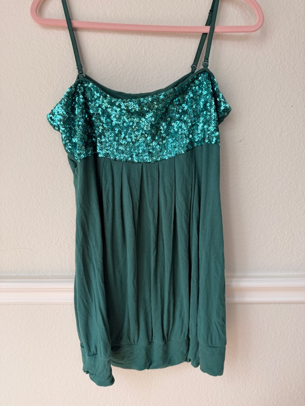 Y2K Emerald Green Sequin‎ Babydoll Top Fairycore Whimsical Sparkly Tank Sparkle